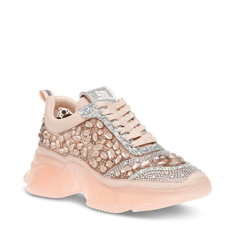 Pink sneaker with embellishments on a white background