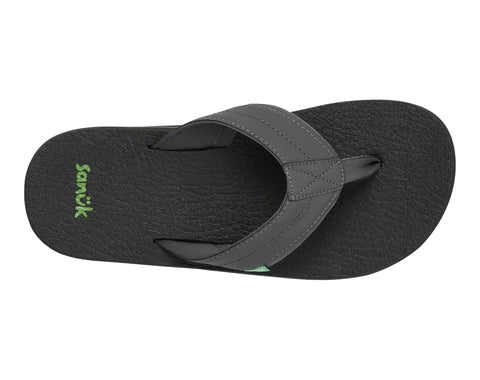 Black and gray flip-flops with 'Sanuk' branding on a white background