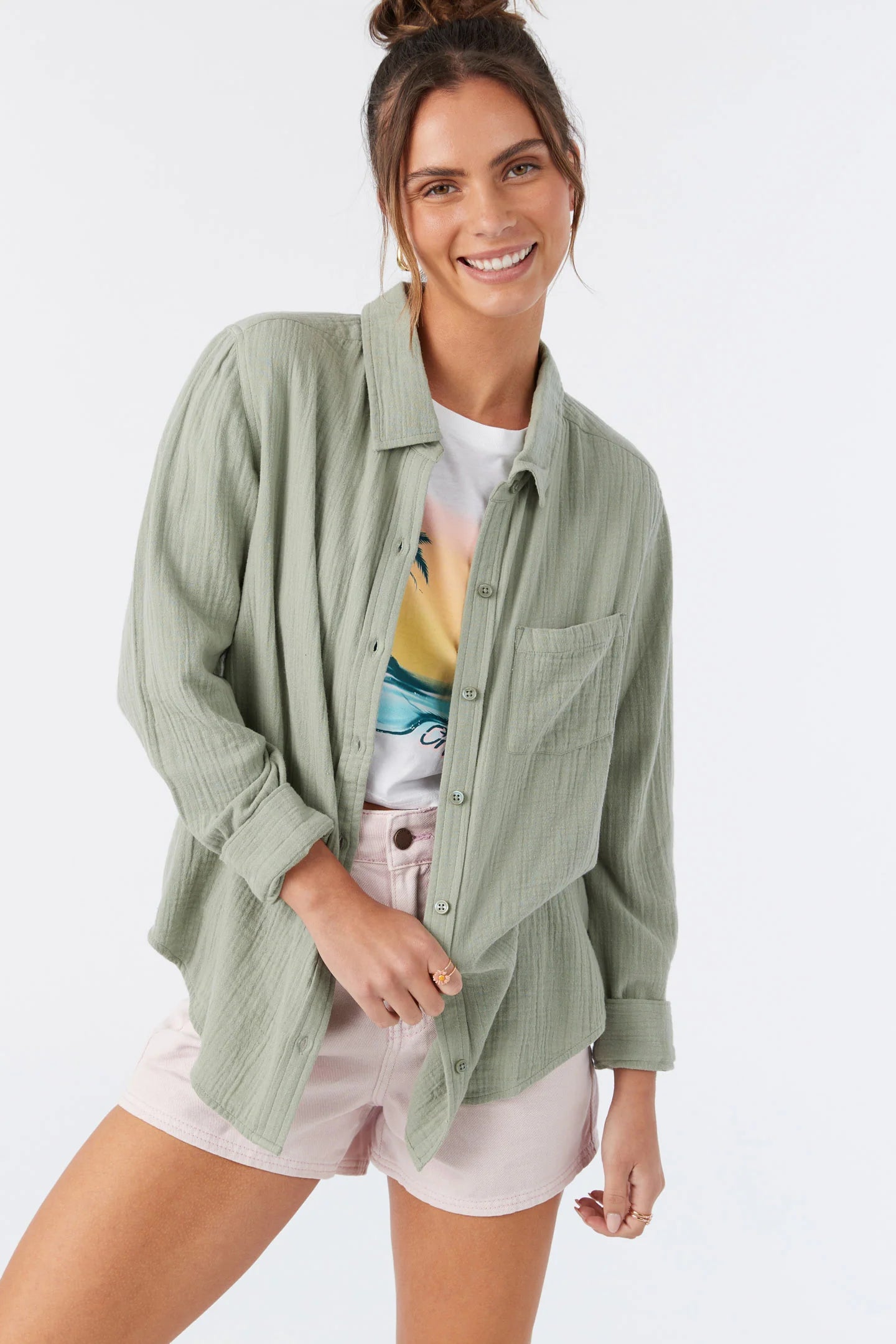 O'Neill Women's Green Leni Crinkle Double Gauze Button Down Shirt | O'Neill in Lebanon