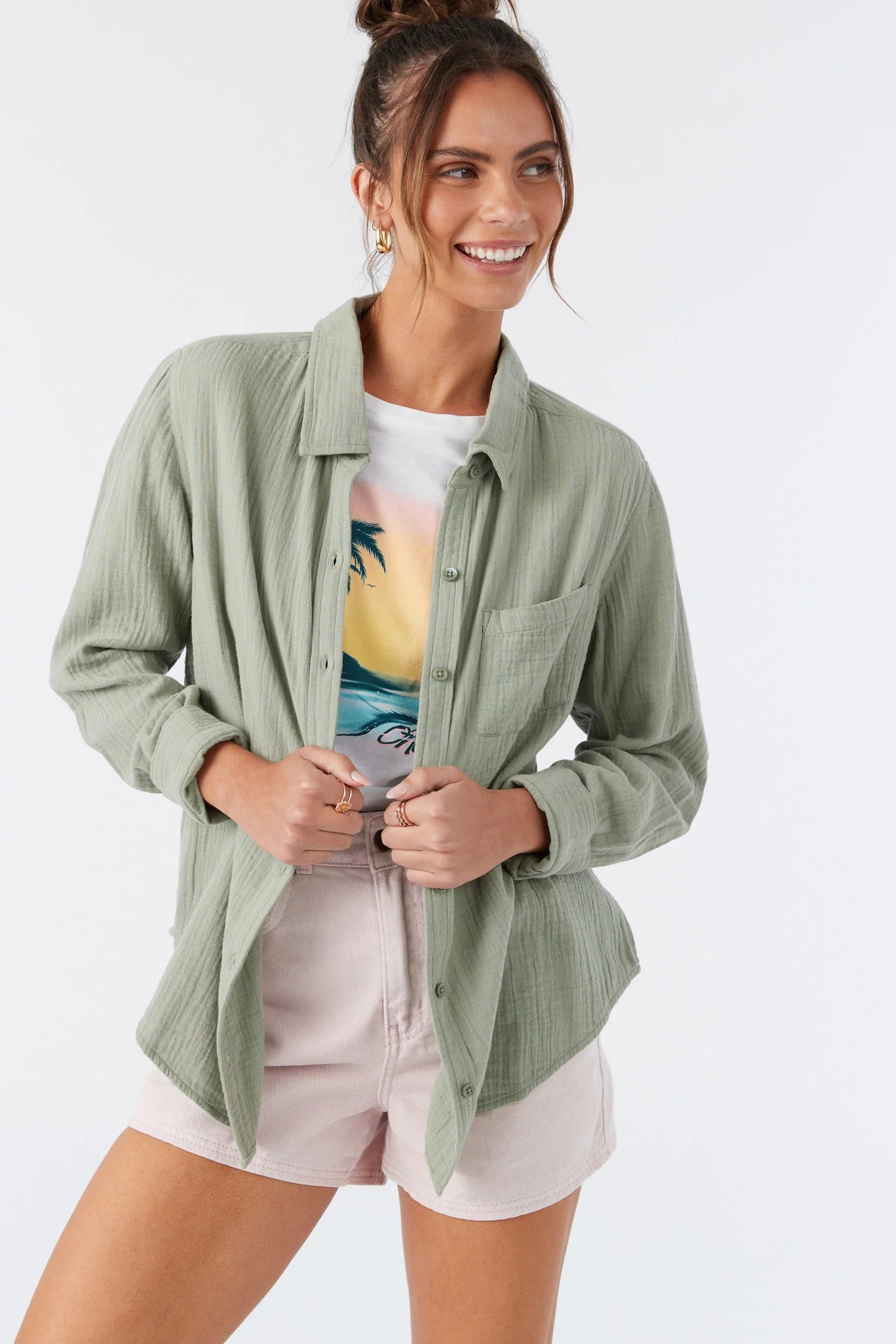 O'Neill Women's Green Leni Crinkle Double Gauze Button Down Shirt | O'Neill in Lebanon