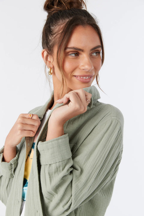 O'Neill Women's Green Leni Crinkle Double Gauze Button Down Shirt | O'Neill in Lebanon