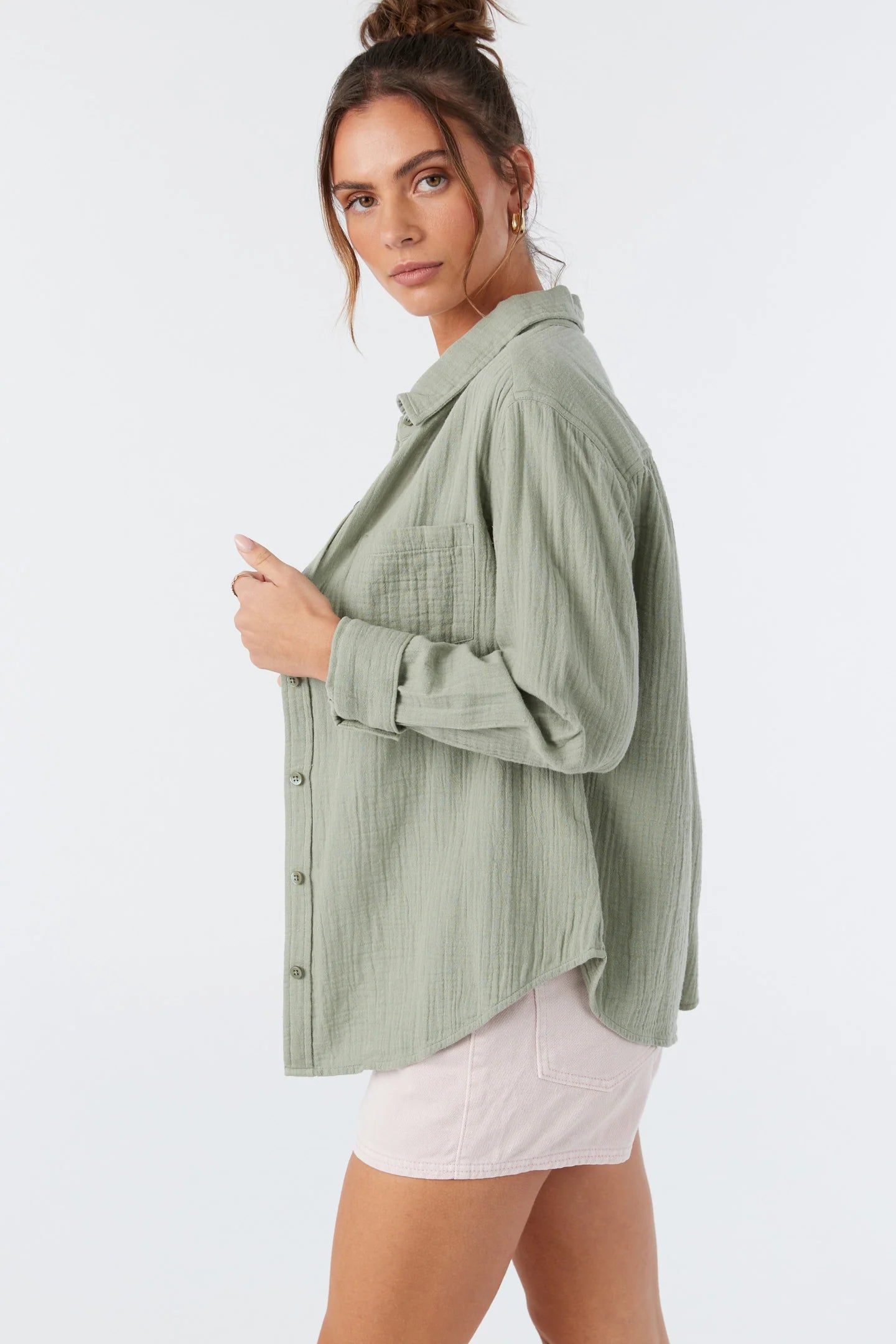 O'Neill Women's Green Leni Crinkle Double Gauze Button Down Shirt | O'Neill in Lebanon