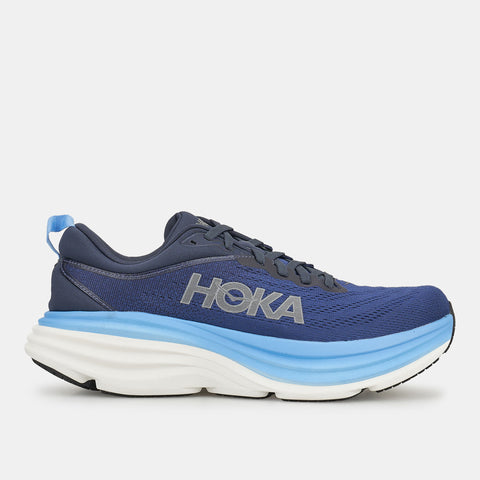 Blue and gray running shoe with Hoka branding on a white background