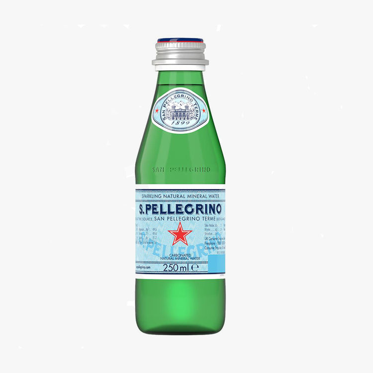 Glass bottle of S.Pellegrino Sparkling Natural Mineral Water, 250ml with a label and red star symbol.
