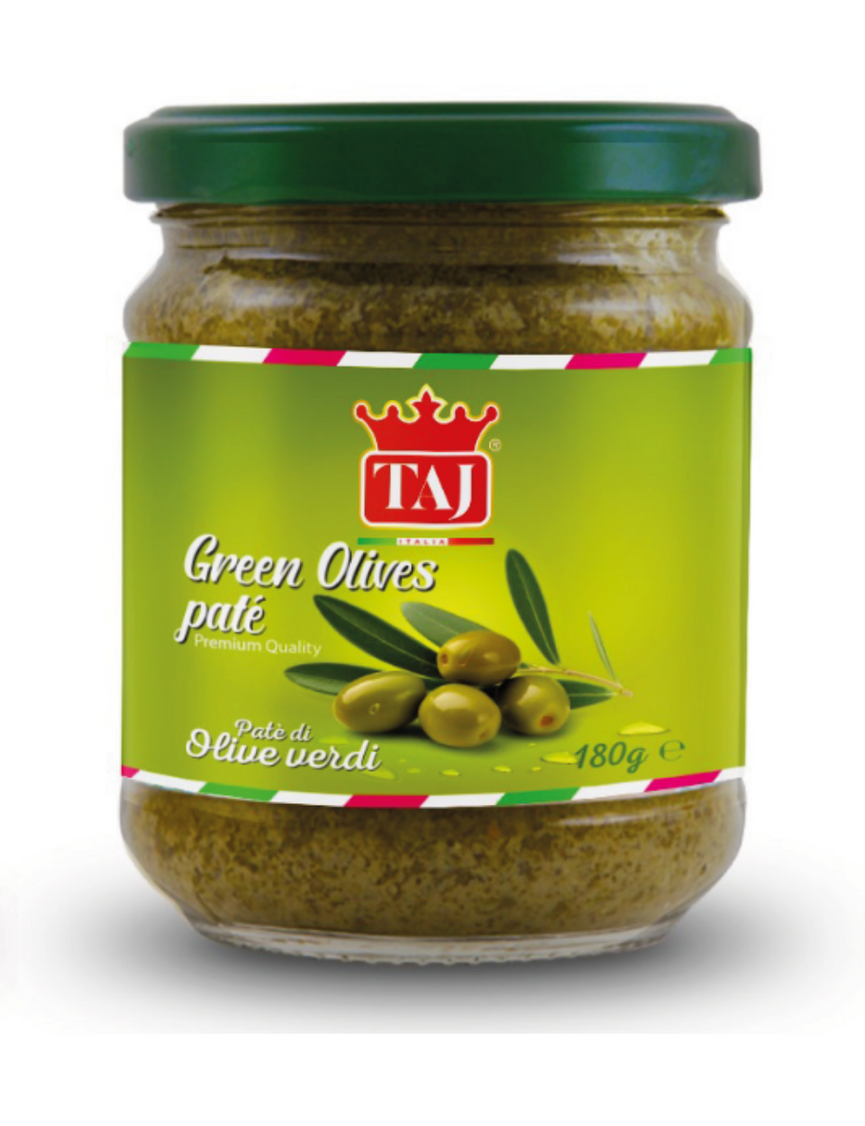 A jar of Taj Green Olives Pate with the label showing the brand name, product name, and an image of green olives.
