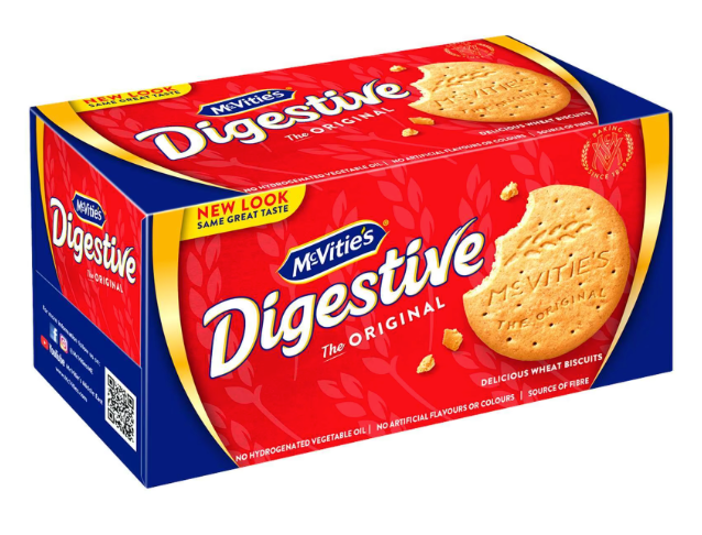 A box of McVitie's Digestive Wheat Biscuits showing the product and brand name, along with an image of the biscuits on the front.