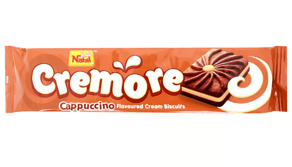 Packaging of Nabil Cremore Cappuccino Flavoured Cream Biscuits showing the product name and an image of the biscuits with cappuccino cream filling.