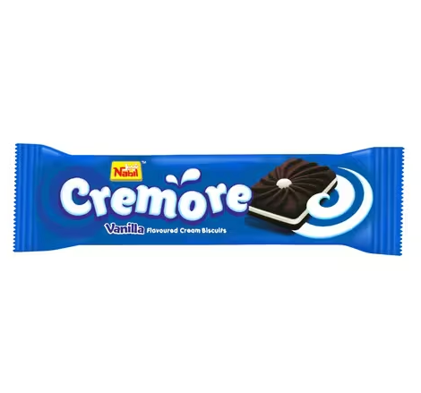 A pack of Nabil Cremore Vanilla Flavoured Cream Biscuits with a picture of the biscuit on the front.