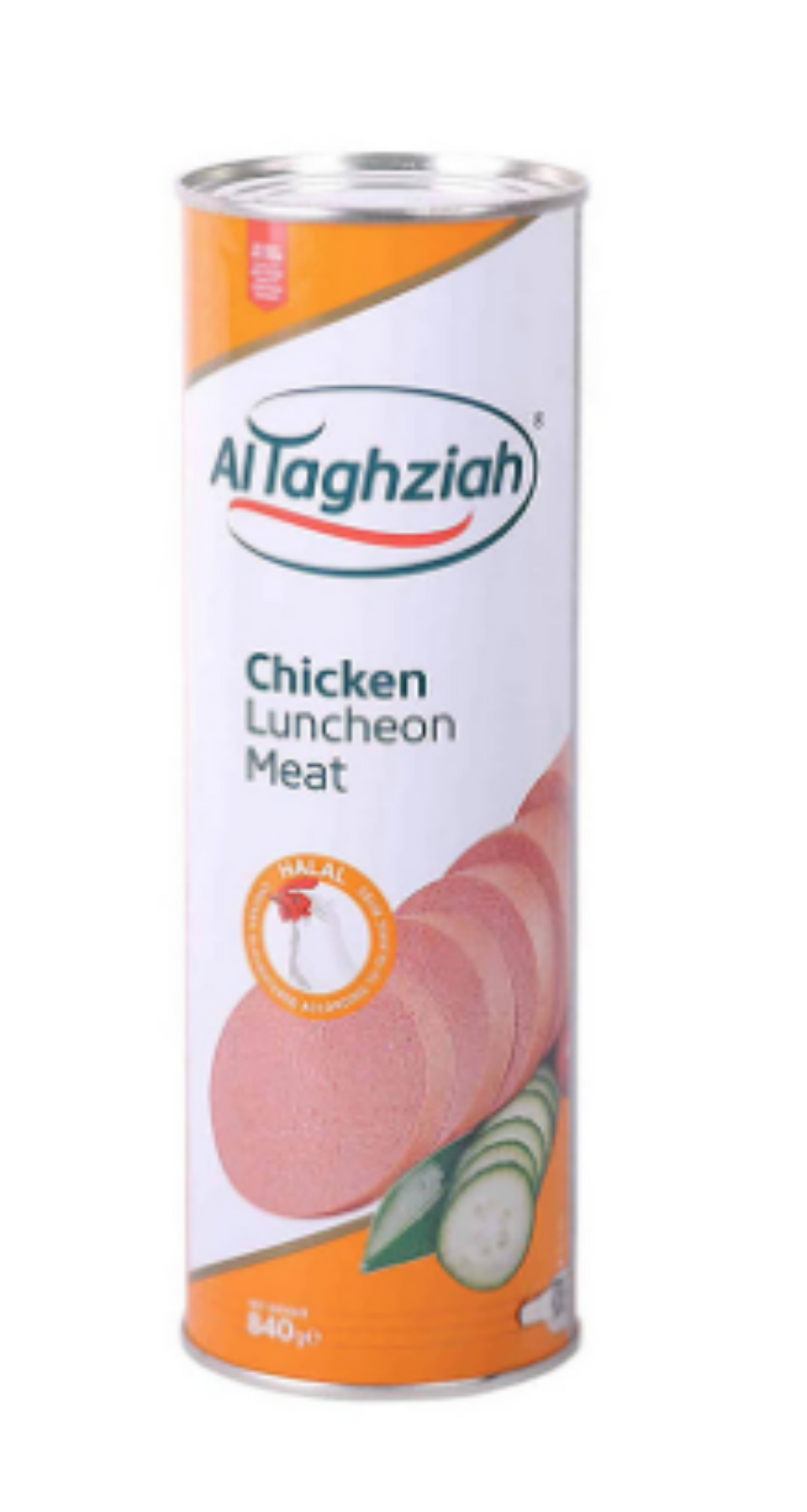 A can of Al Taghziah Chicken Luncheon Meat with a clear window showing the chicken slices inside. The can has a predominantly white and orange color scheme with text and branding.