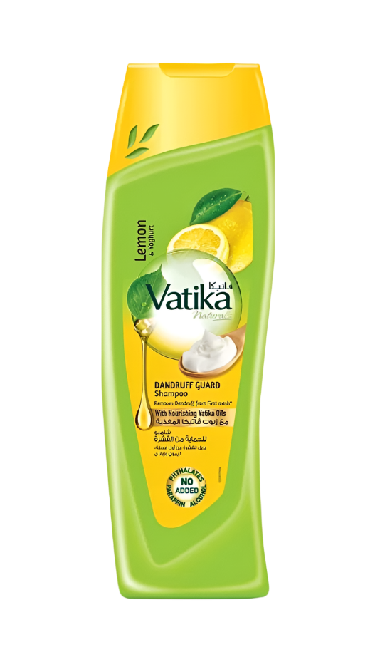 A bottle of Vatika Naturals Anti-Dandruff Guard Shampoo with a yellow and green label, indicating it is a hair care product designed to remove dandruff.