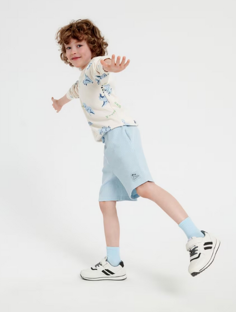 A boy wearing a blue short-sleeved shirt and blue shorts, standing against a white background.