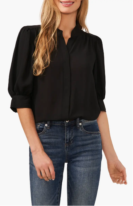CeCe Women's Black Puff Sleeve Button-Up Shirt | CeCe In Lebanon