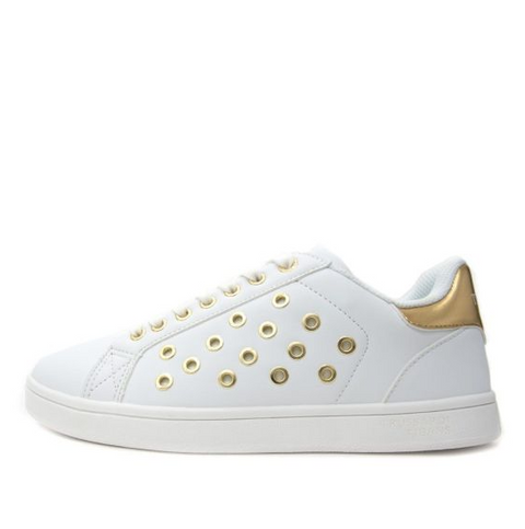 Trussardi Jeans Women's White & Gold Eco Leather Eyelet Sneakers |Trussardi Jeans In Lebanon