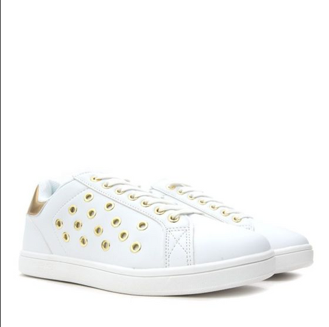 Trussardi Jeans Women's White & Gold Eco Leather Eyelet Sneakers |Trussardi Jeans In Lebanon