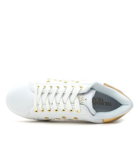 Trussardi Jeans Women's White & Gold Eco Leather Eyelet Sneakers |Trussardi Jeans In Lebanon