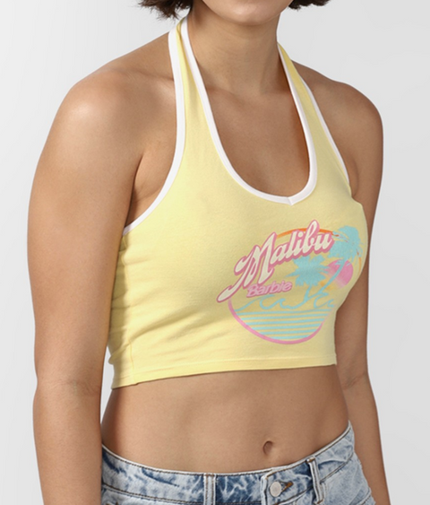 Forever 21 Women's Yellow Barbie Graphic Halter Neck Crop Top |Forever 21 In Lebanon