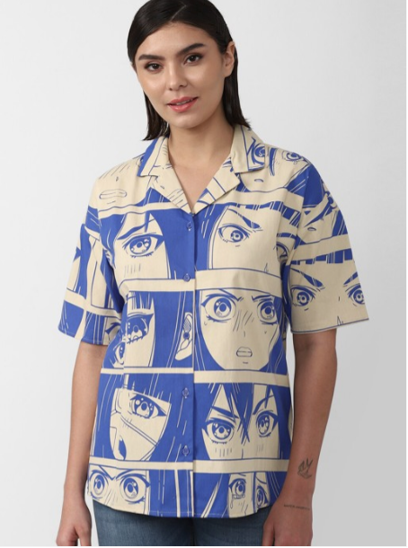 Forever 21 Women's Navy Blue & Beige Anamy Printed Shirt |Forever 21 In Lebanon
