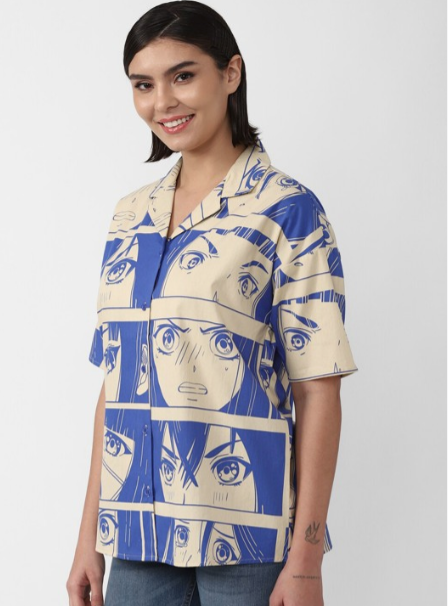 Forever 21 Women's Navy Blue & Beige Anamy Printed Shirt |Forever 21 In Lebanon