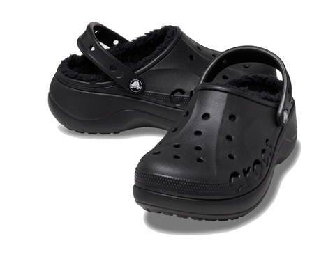 Black clogs with fuzzy lining on a white background