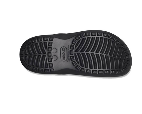 Black shoe sole with brand logo on a white background