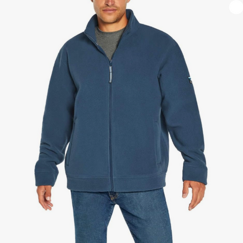 Man wearing a blue fleece jacket on a white background