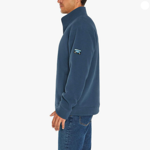 Man wearing a blue fleece pullover with a logo on a white background