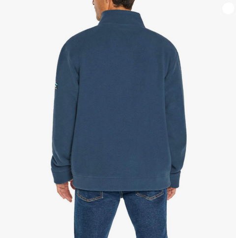 Person wearing a blue fleece jacket on a white background