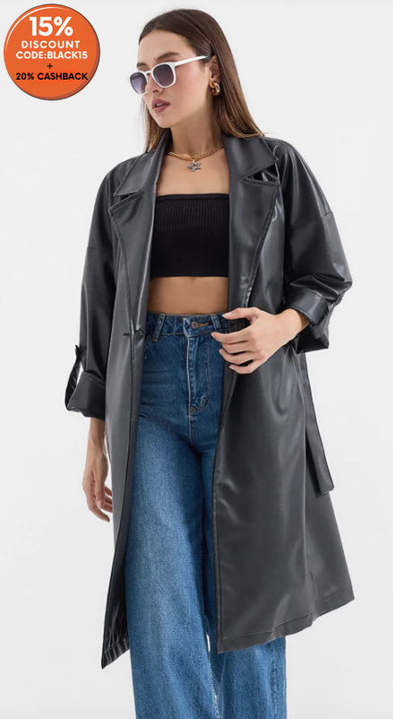 Big Dart Women's Black Leather Belted Trench Coat | Big Dart In Lebanon
