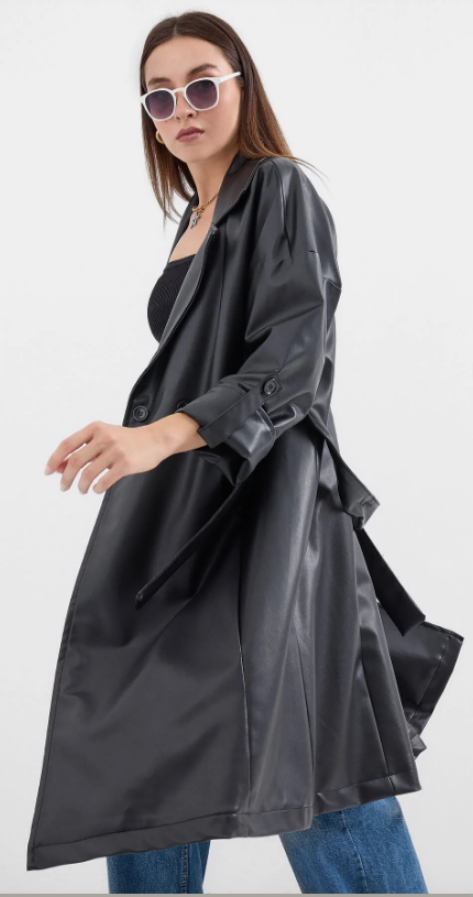 Big Dart Women's Black Leather Belted Trench Coat | Big Dart In Lebanon