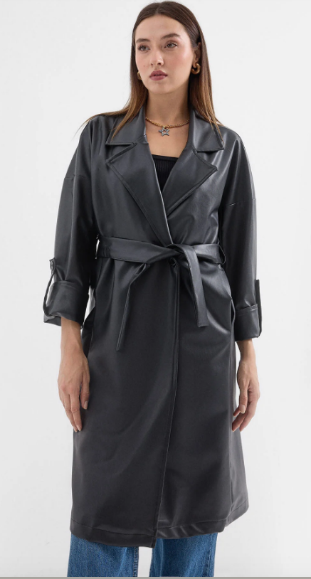 Big Dart Women's Black Leather Belted Trench Coat | Big Dart In Lebanon