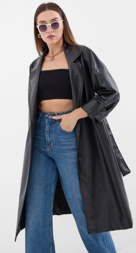 Big Dart Women's Black Leather Belted Trench Coat | Big Dart In Lebanon