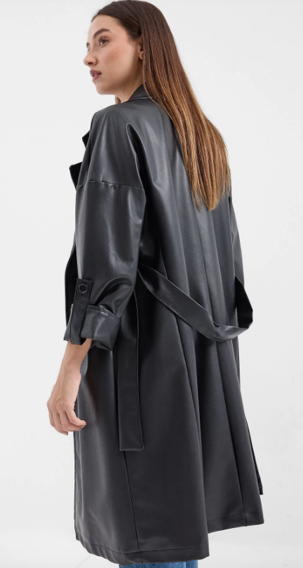 Big Dart Women's Black Leather Belted Trench Coat | Big Dart In Lebanon