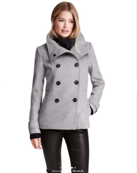H & M Women's Gray Double Breasted Funnel Collar Fitted Coat |H & M In Lebanon