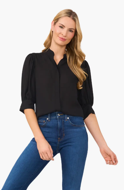 CeCe Women's Black Puff Sleeve Button-Up Shirt | CeCe In Lebanon