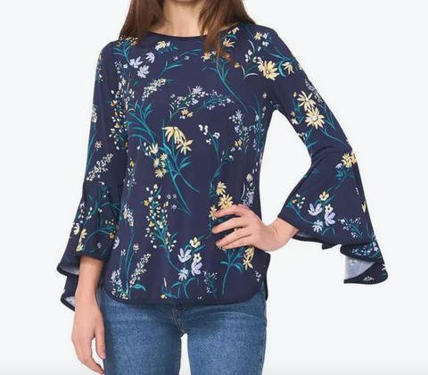 SAM & JESS Women's Navy Floral Crewneck 3/4-Bell-Sleeve Blouse | SAM & JESS In Lebanon