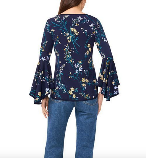 SAM & JESS Women's Navy Floral Crewneck 3/4-Bell-Sleeve Blouse | SAM & JESS In Lebanon