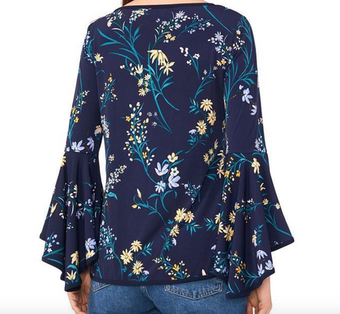 SAM & JESS Women's Navy Floral Crewneck 3/4-Bell-Sleeve Blouse | SAM & JESS In Lebanon
