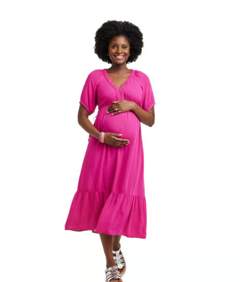 Isabel Women's Fuchsia Elbow Sleeve Cinch Waist Woven Maternity Dress | Isabel In Lebanon