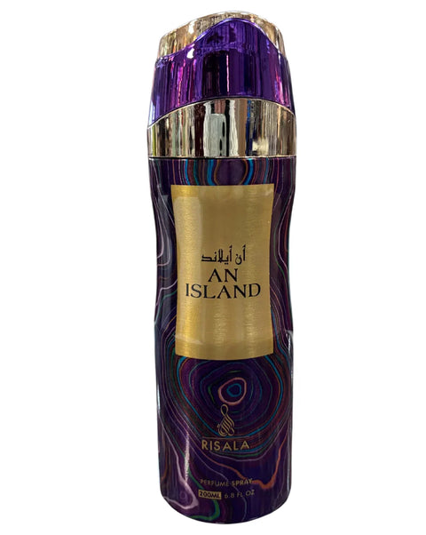 Deodorant bottle with purple and gold design on a white background