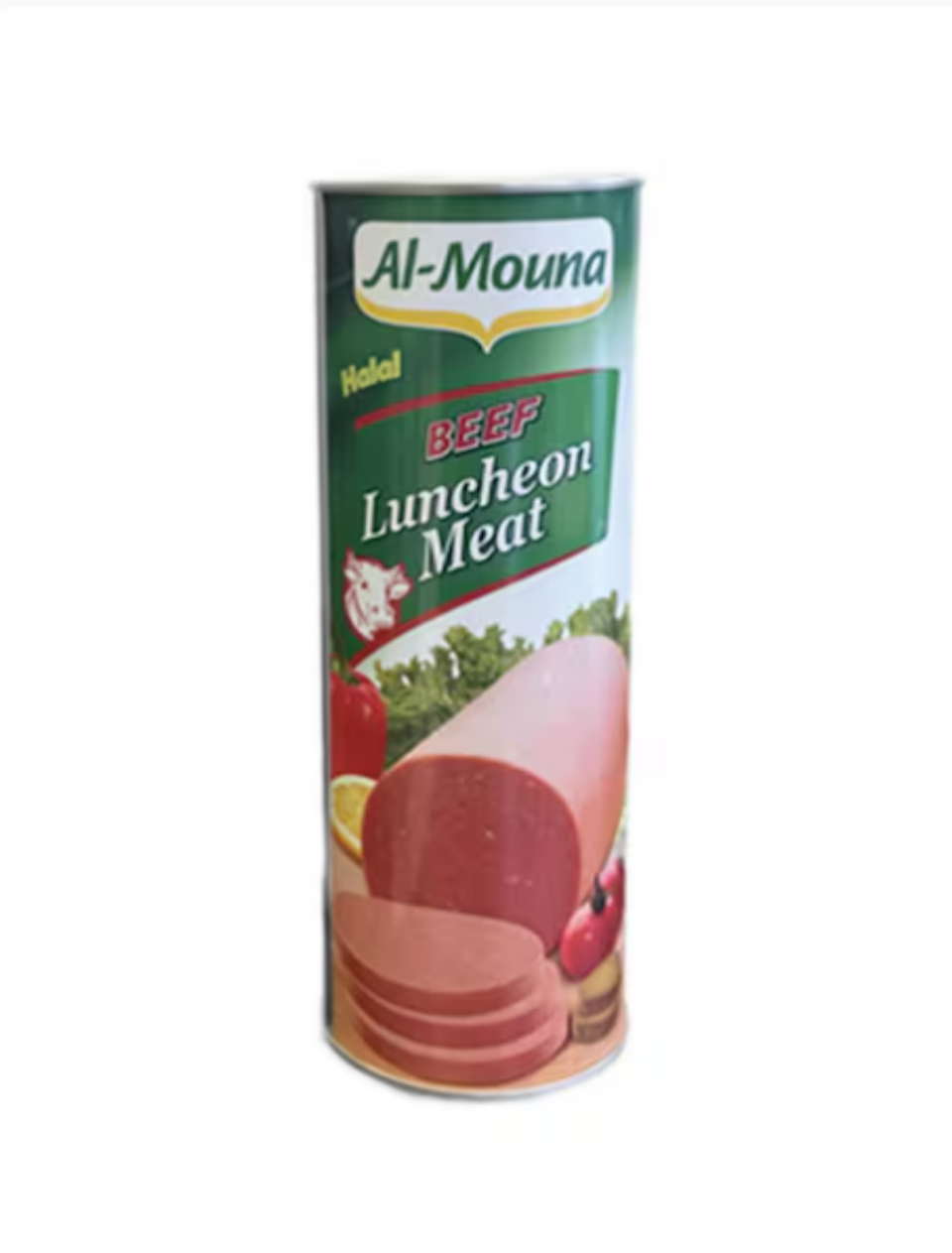 Al-Mouna beef luncheon meat can on a white background