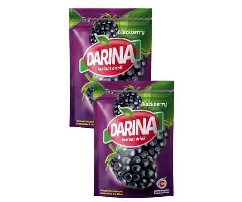 Two packages of Darina blackberry instant drink on a white background