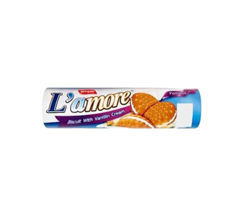 L'amore biscuit with vanilla cream packaging on a white background
