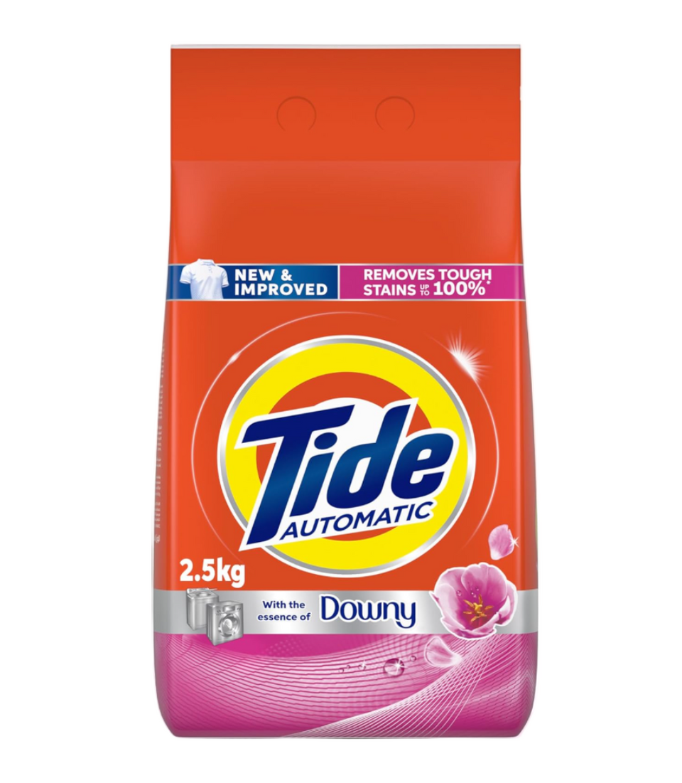Tide automatic laundry detergent packaging with Downy additive on a white background