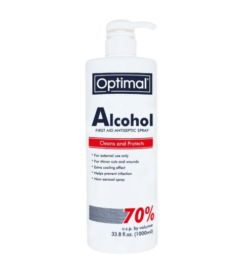 Optimal Alcohol first aid antiseptic spray bottle on a white background