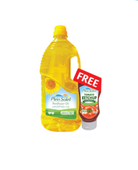 Bottle of Plein Soleil sunflower oil with a free tomato ketchup offer on a white background