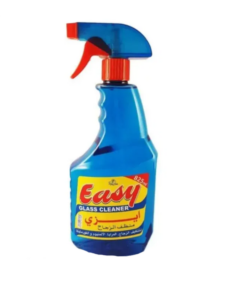 Blue spray bottle with red nozzle labeled 'Easy Glass Cleaner' on a white background.