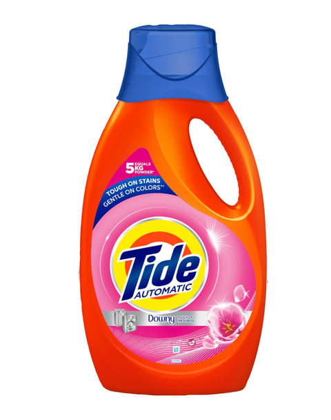 Tide automatic laundry detergent bottle with blue cap on a white background