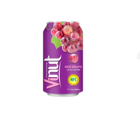 Purple can of Vinut Red Grape juice drink with grapes on a white background
