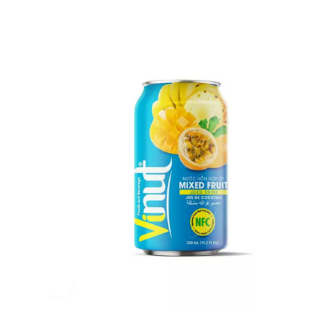 Can of Vinut mixed fruit juice with fruit illustration on a white background