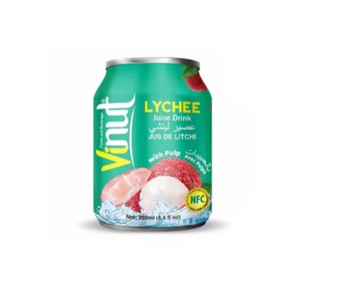 Vinut Lychee juice drink can on a white background